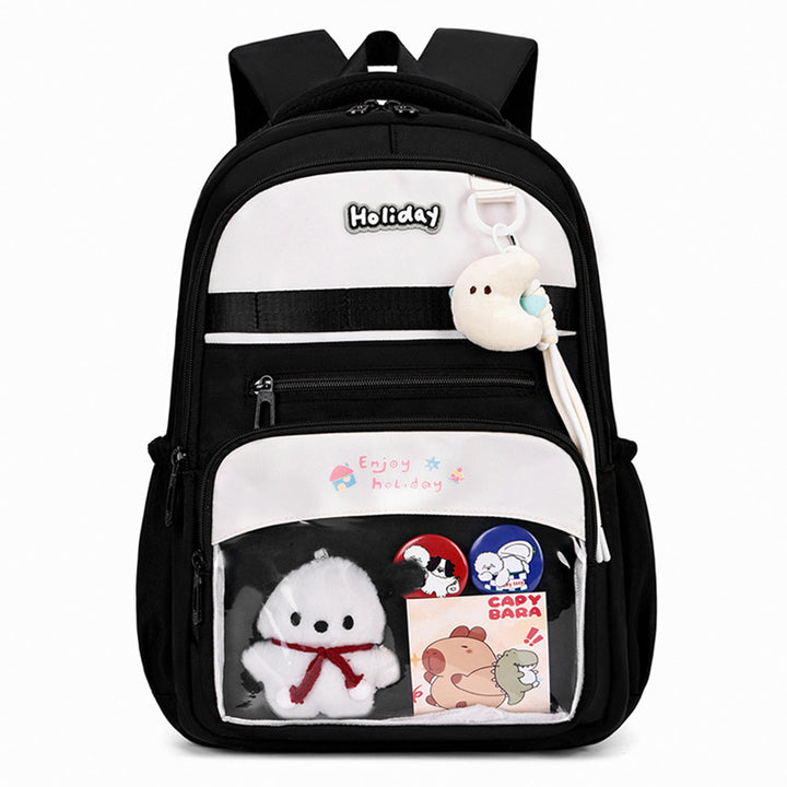 Verspielter Schulrucksack mit Transparentem Fach und Kreativen Akzenten Karnz