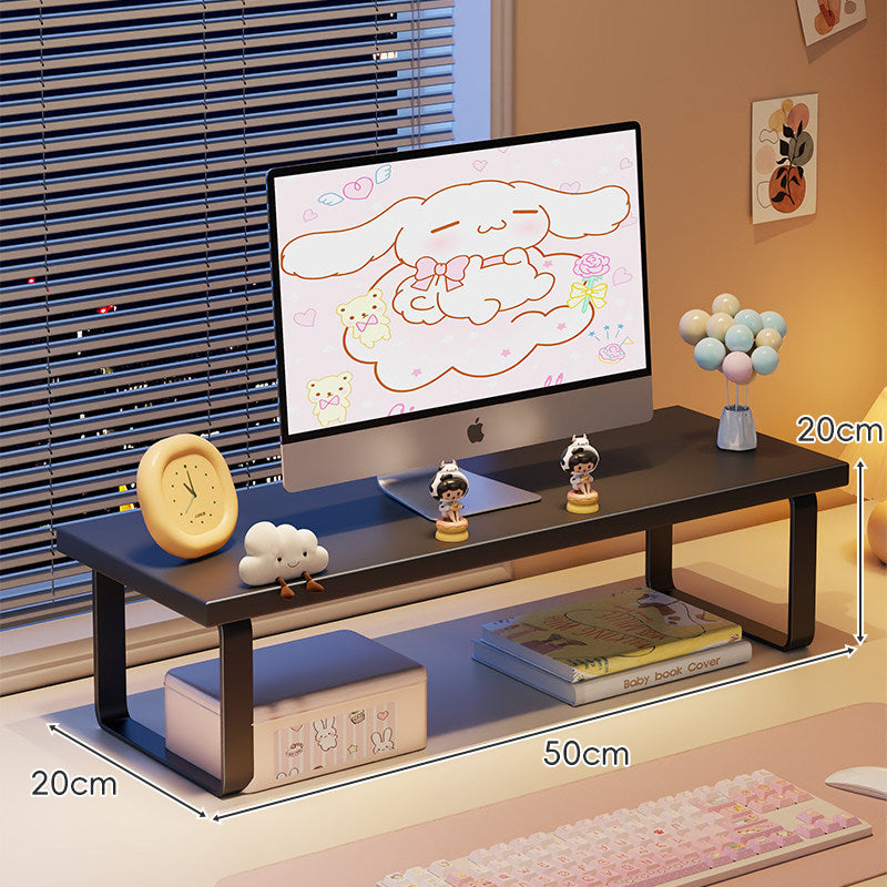 Kompakte Holz-Desktop-Monitorerhöhung mit Metallbeinen und unterer Ablagefläche