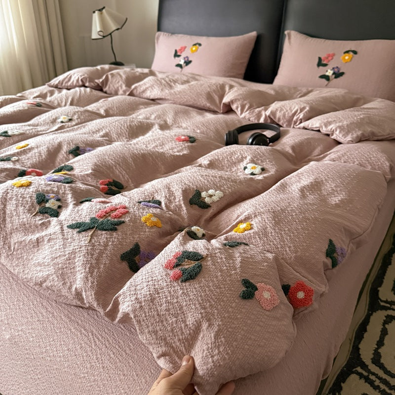 Texturiert Gesticktes Floral Bettbezug-Set mit Tufted Applikation