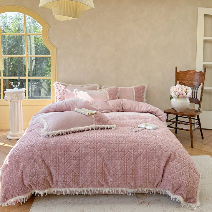Plush Quilted Reversible Comforter Set with Fringed Sherpa Trim and Decorative Pillow Shams