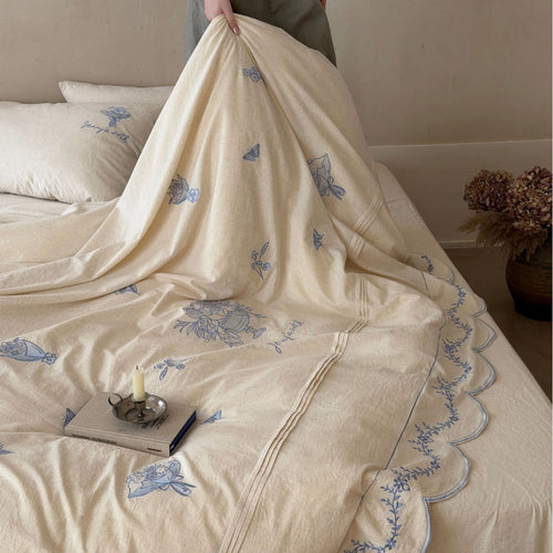 Vintage-inspirierte bestickte Baumwoll-Leinen Wellen-Duvet-Bezug-Set