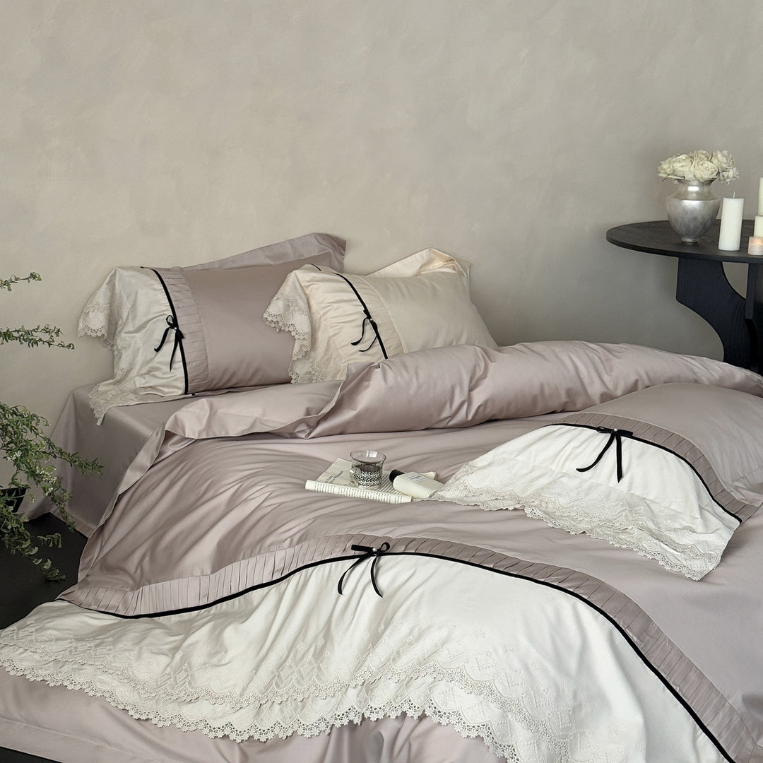 Romantic Lace-Trim Satin-Feel Duvet Cover Set with Bow-Tie Ribbon Accents