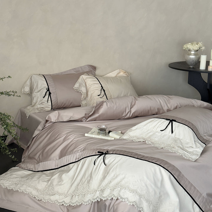 Romantic Lace-Trim Satin-Feel Duvet Cover Set with Bow-Tie Ribbon Accents