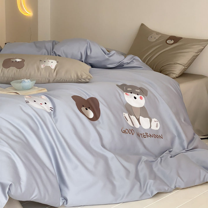 Verspielter Tierdruck Wendbare Baumwollsatin Bettbezug und Kissenbezug Set