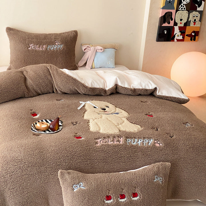 Teddy-Fleece-Bettwäschenset mit Blumenstickerei und Wende-Design