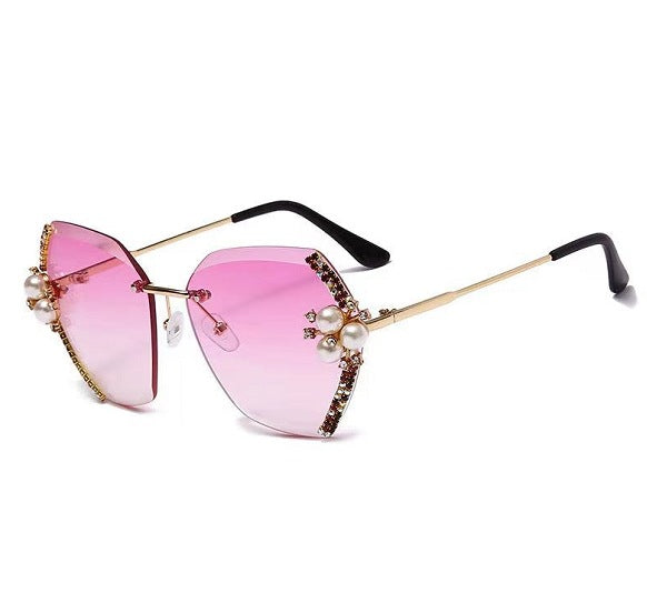 Damen extravagante Oversized-Sonnenbrille mit Perlverzierungen Karnz