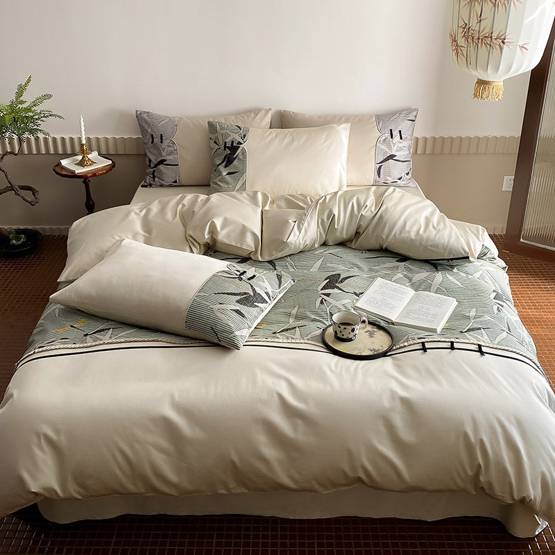 Wendbares Satin-Bettwäsche-Set mit gestepptem Dekor und botanischem Bambusprint