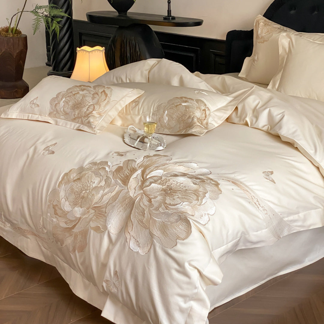 Besticktes Satin Blumen Bettwäsche Set mit Kissenbezügen