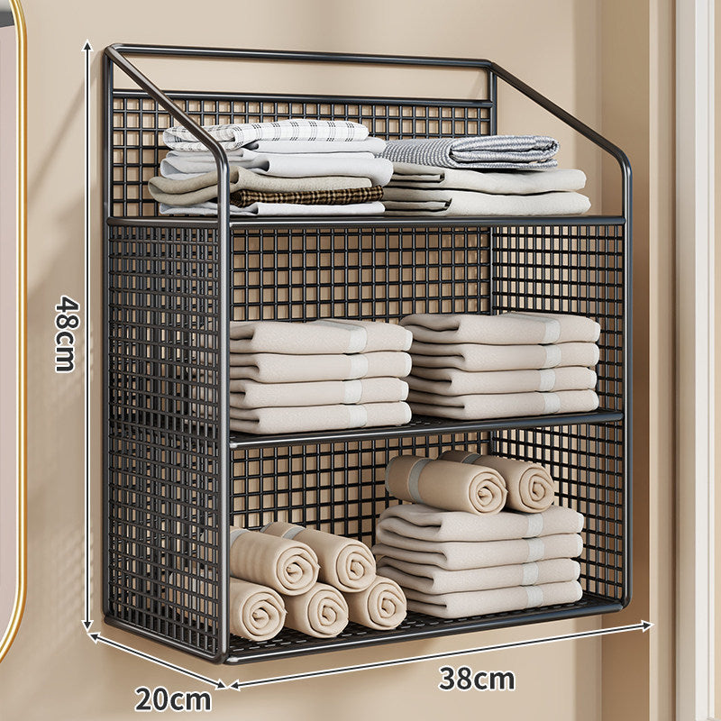 Wandmontierter Gitter-Mesh-Badezimmer-Organizer mit mehreren Regalen und integrierten Haken