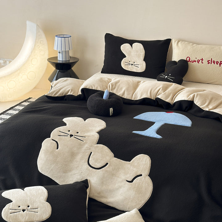 Plüsch Applikation Katzenmotiv Bettbezug Set