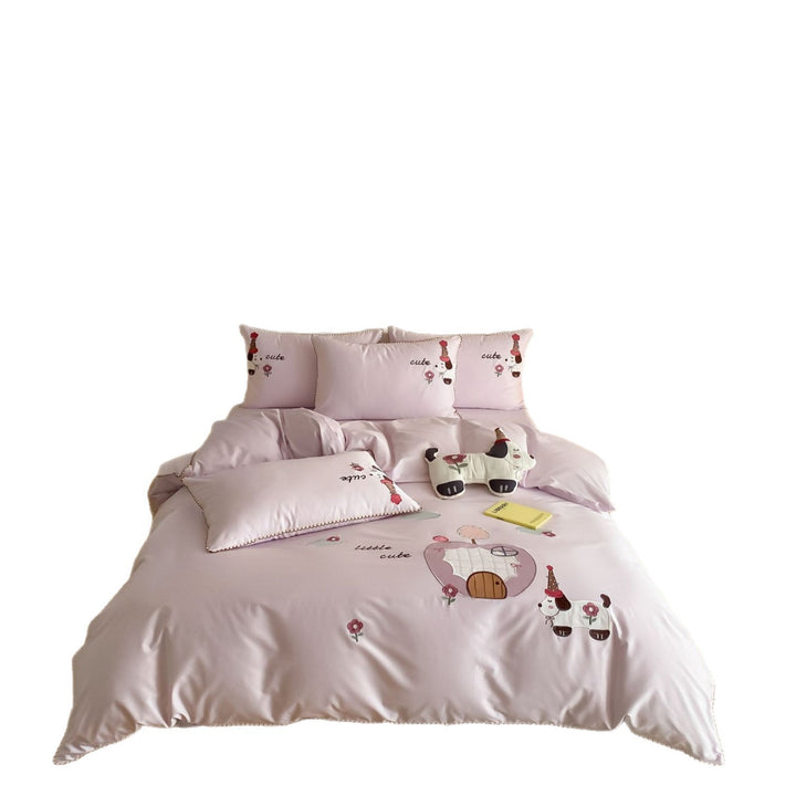 Bestickte Plüsch-Applikation Baumwollsatin Bettbezug Set mit dekorativem Katzekissen