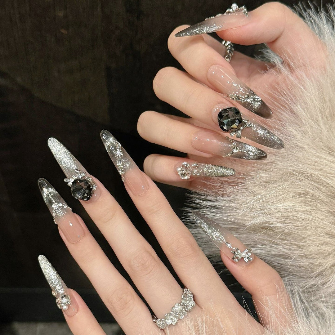 Premium Funkelnde Stiletto Press-On Nägel mit Edelsteinakzenten
