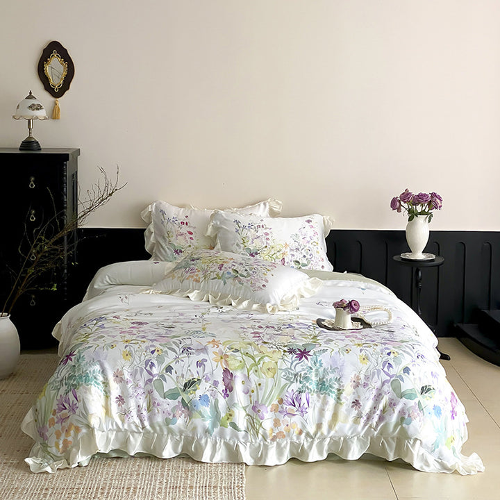 Blumige Baumwollsatin Rüschende Bettwäsche Set
