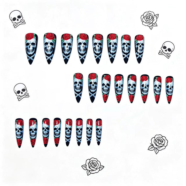 Kunstnägel mit Kreativem Totenkopf- und Rosenmotiv Karnz