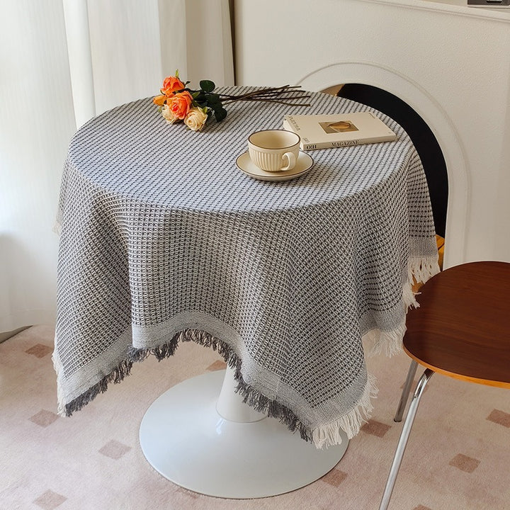 Runde texturierte Waffelgewebe-Fransen-Tischdecke mit Quastenrand