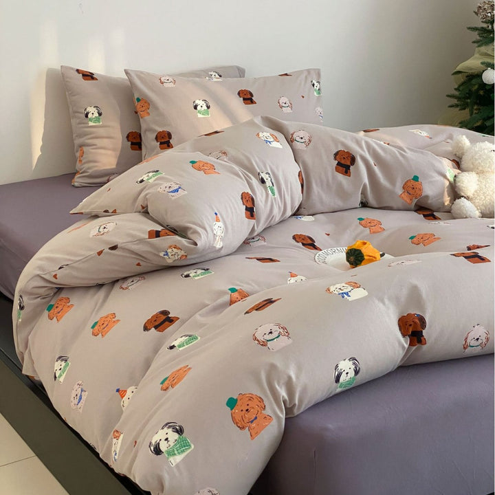 Cartoon Dog Print Baumwoll Bettwäsche Set mit Kissenbezügen