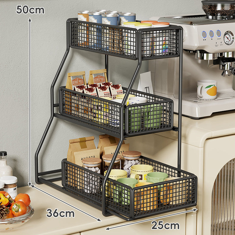 Dreiböckiger, schräger Metall-Mesh-Thekenregal-Organizer mit stapelbaren Drahtkörben