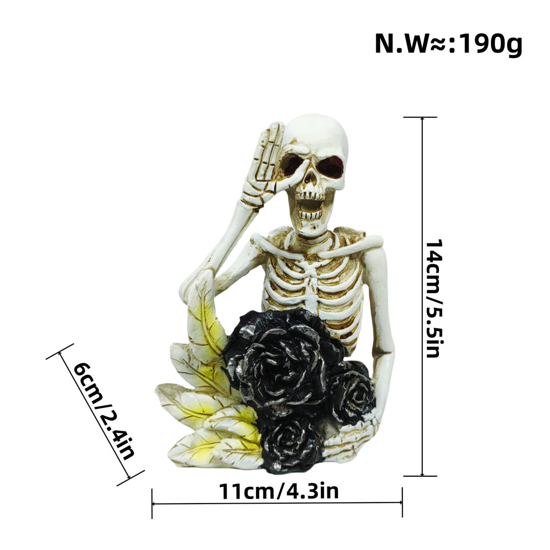 Stilvolle Skelettfigur mit Zylinder und schwarzer Rose Karnz