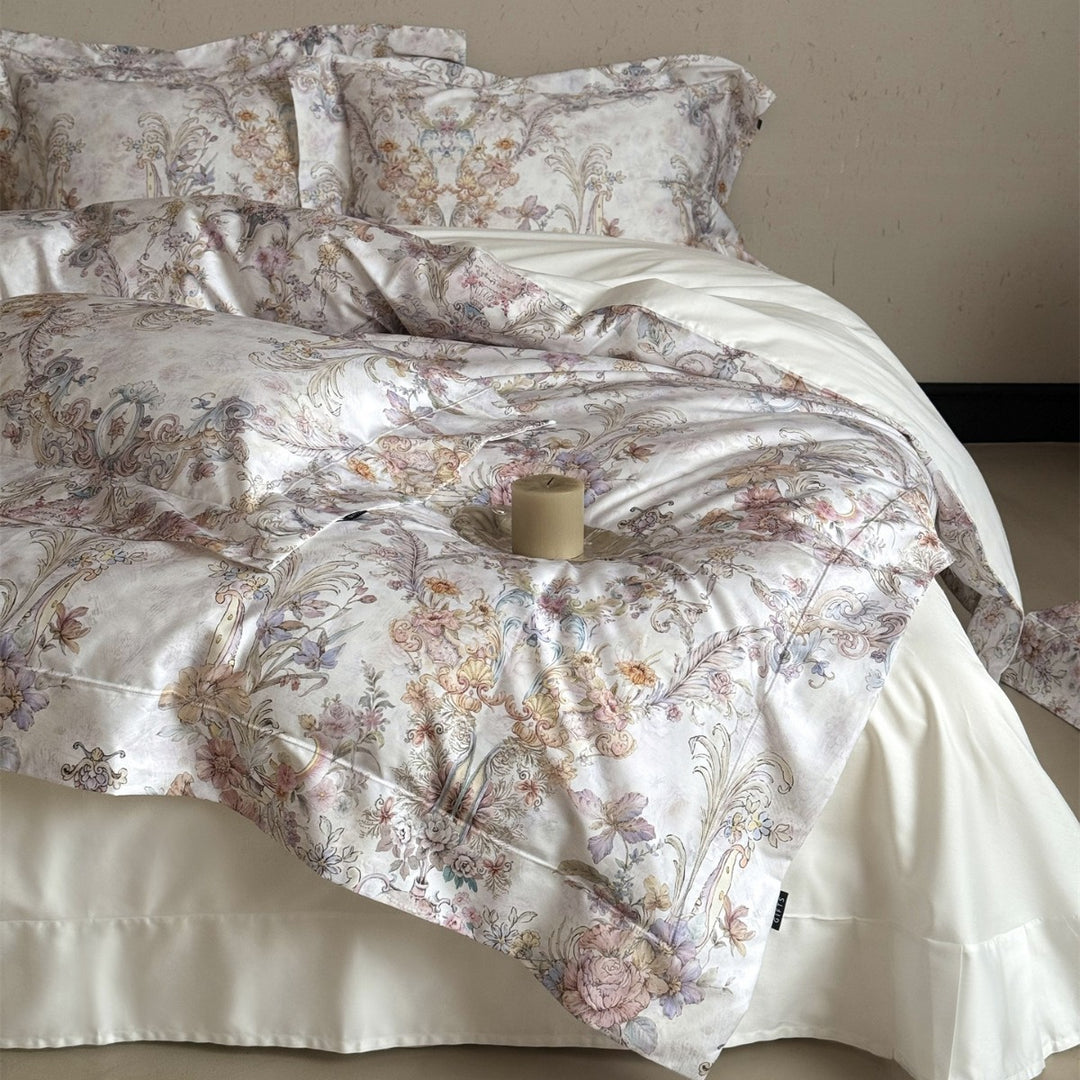 Umkehrbare Baumwollsatin Bettbezugset mit Vintage Aquarell Scroll Blumenmuster