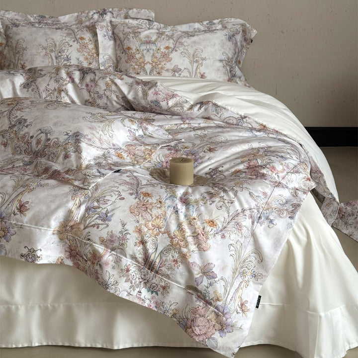 Umkehrbare Baumwollsatin Bettbezugset mit Vintage Aquarell Scroll Blumenmuster