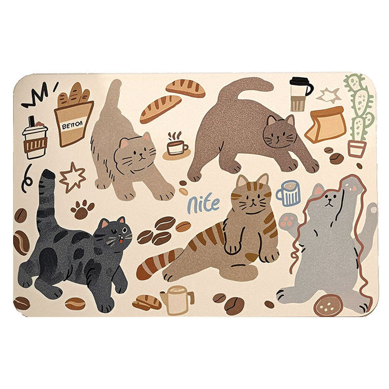 Low-Profile Microfiber Absorbent Floor Mat with Cute Cat & Coffee Illustrations