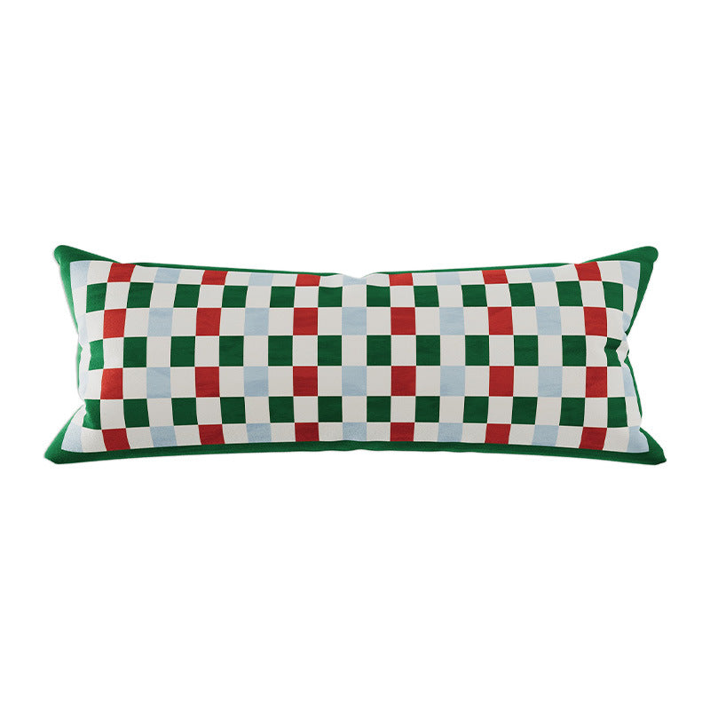 Long Lumbar Velvet Pillow Cover with Checkerboard Textured Panel and Hidden Zipper