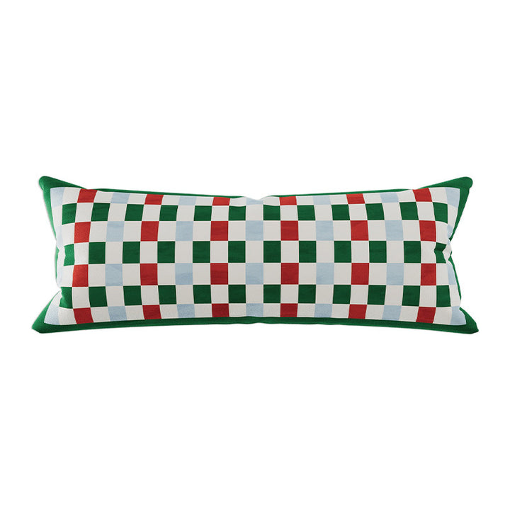 Long Lumbar Velvet Pillow Cover with Checkerboard Textured Panel and Hidden Zipper