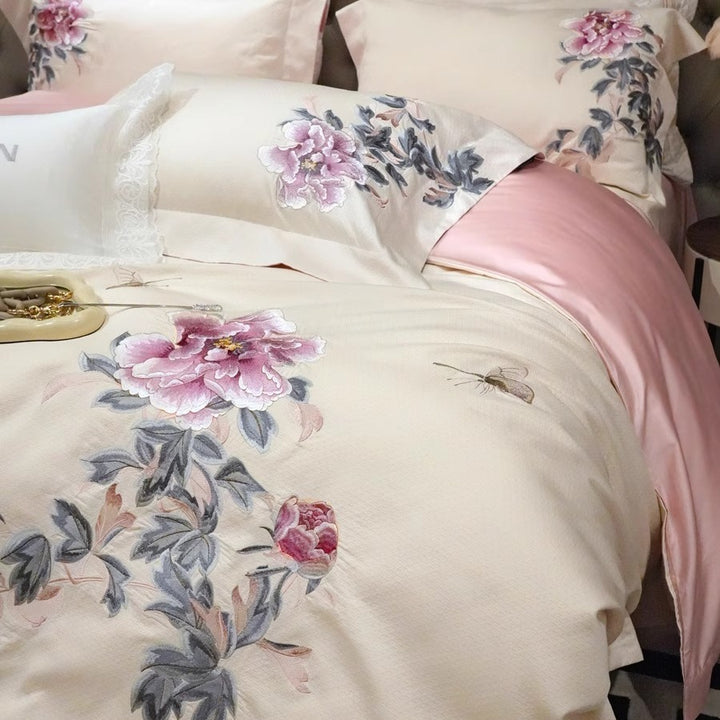 Besticktes Pfingstrosen-Jacquard-Bettbezug-Set mit satinierter Wende-Innenfutter und Spitzen-Oxford-Kissenbezügen