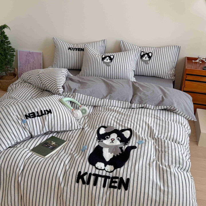 Bestickte Baumwoll-Bettdeckenbezug-Sets mit niedlichem Bären-Patchwork