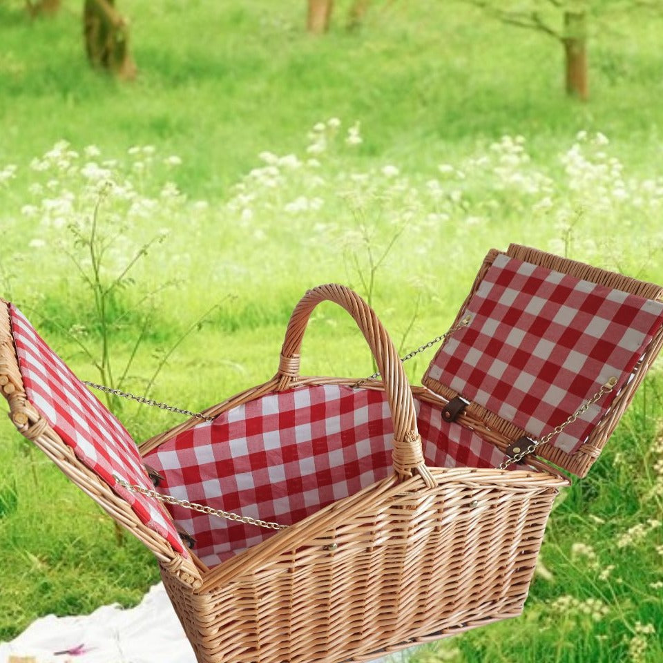 Damen Picknickkorb mit herausnehmbaren Fächern und stilvollem Karostoff Karnz