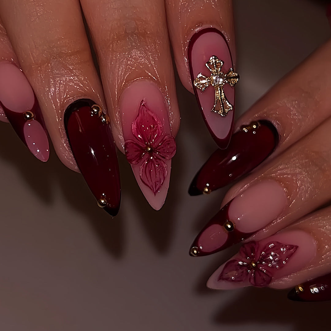 Premium Künstlerische Florale Stiletto Press-On Nägel Karnz
