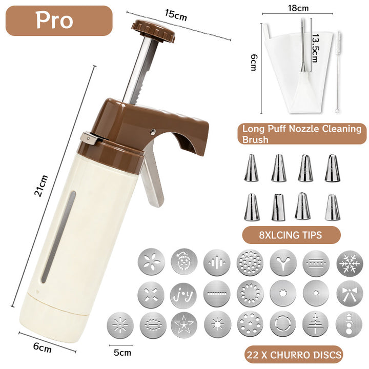 Manual Cookie Press and Churro Maker Set with 22 Decorative Discs and Icing Nozzles