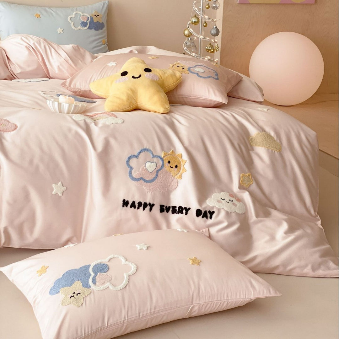 Kinder Cloud Bestickte Bettbezug-Bettwäsche Set mit Plüsch Stern Kissen und Satin-Feeling Mikrofaser