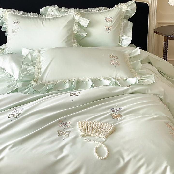 Romantisches Rüschenschmetterlingsgesticktes Bettbezug-Set mit Oxford-Kissenbezügen