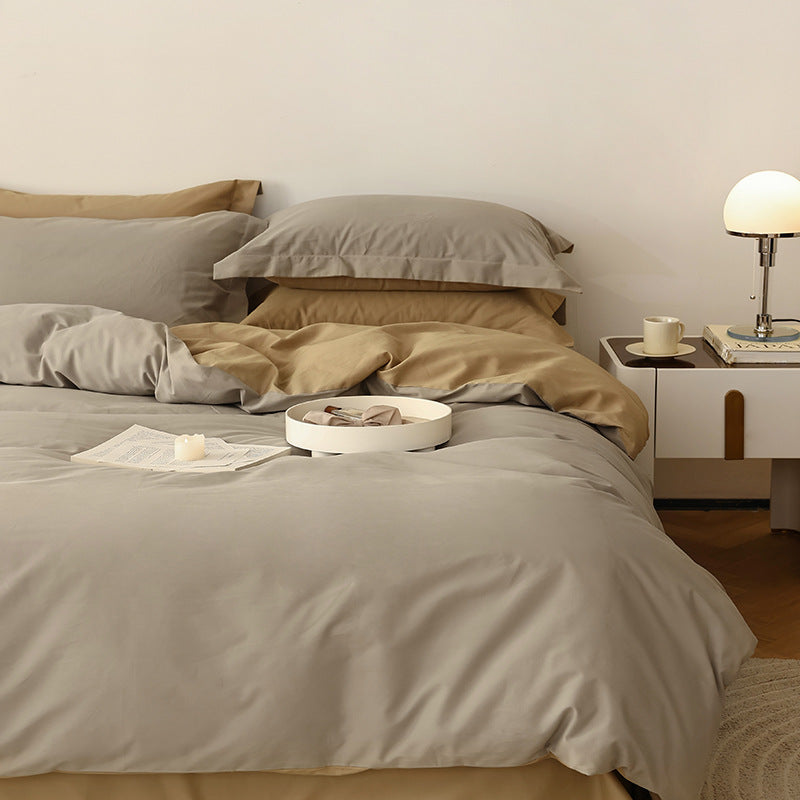 Wendbares Baumwoll-Satin-Bettbezug-Set mit Hotelverschluss und kontrastierter Kantenverarbeitung