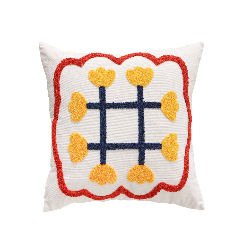 Handgetufteter quadratischer Dekokissenbezug mit floraler Chenille‑Applikation