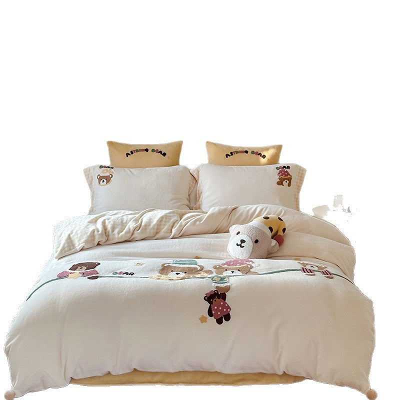 Plüsch Gingham Baumwoll Bettbezug und Kissenbezug Set mit bestickten Welpenapplikationen