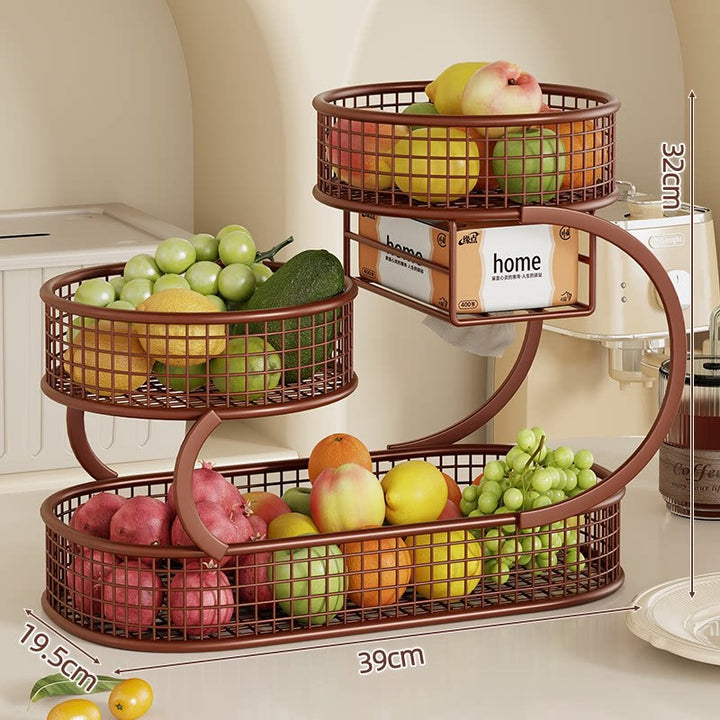 Mehrere Ebenen Spiralförmiger Metall Obst- und Gemüse Lagerstand mit Netz Körben und Taschentuch Box Regal