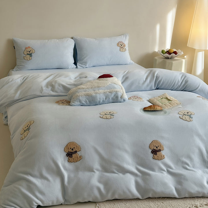 Bestickte Welpen-Motiv Baumwollsatin Bettwäsche Set