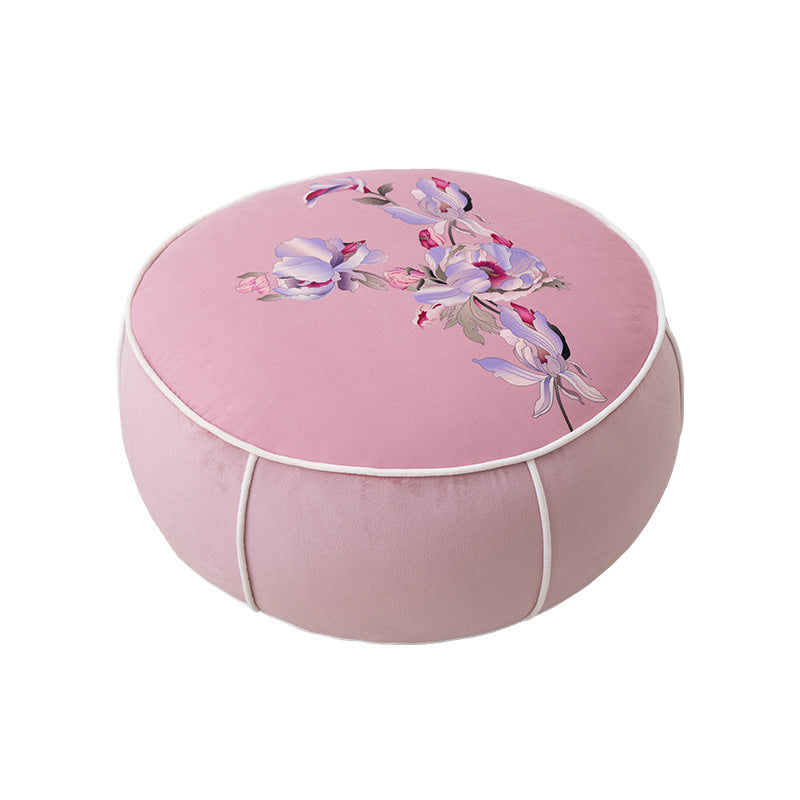 Runder Meditations- und Sitzpouf mit Orchideen-Print und dekorativer Paspelierung