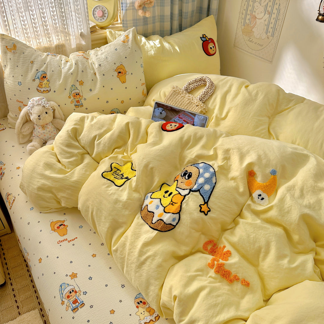 Bestickte Cartoon-Applikation Baumwoll Bettdeckenbezug Set mit weichem Percale und Kissenbezügen