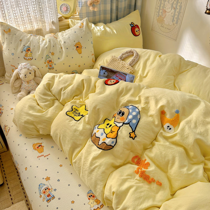 Bestickte Cartoon-Applikation Baumwoll Bettdeckenbezug Set mit weichem Percale und Kissenbezügen