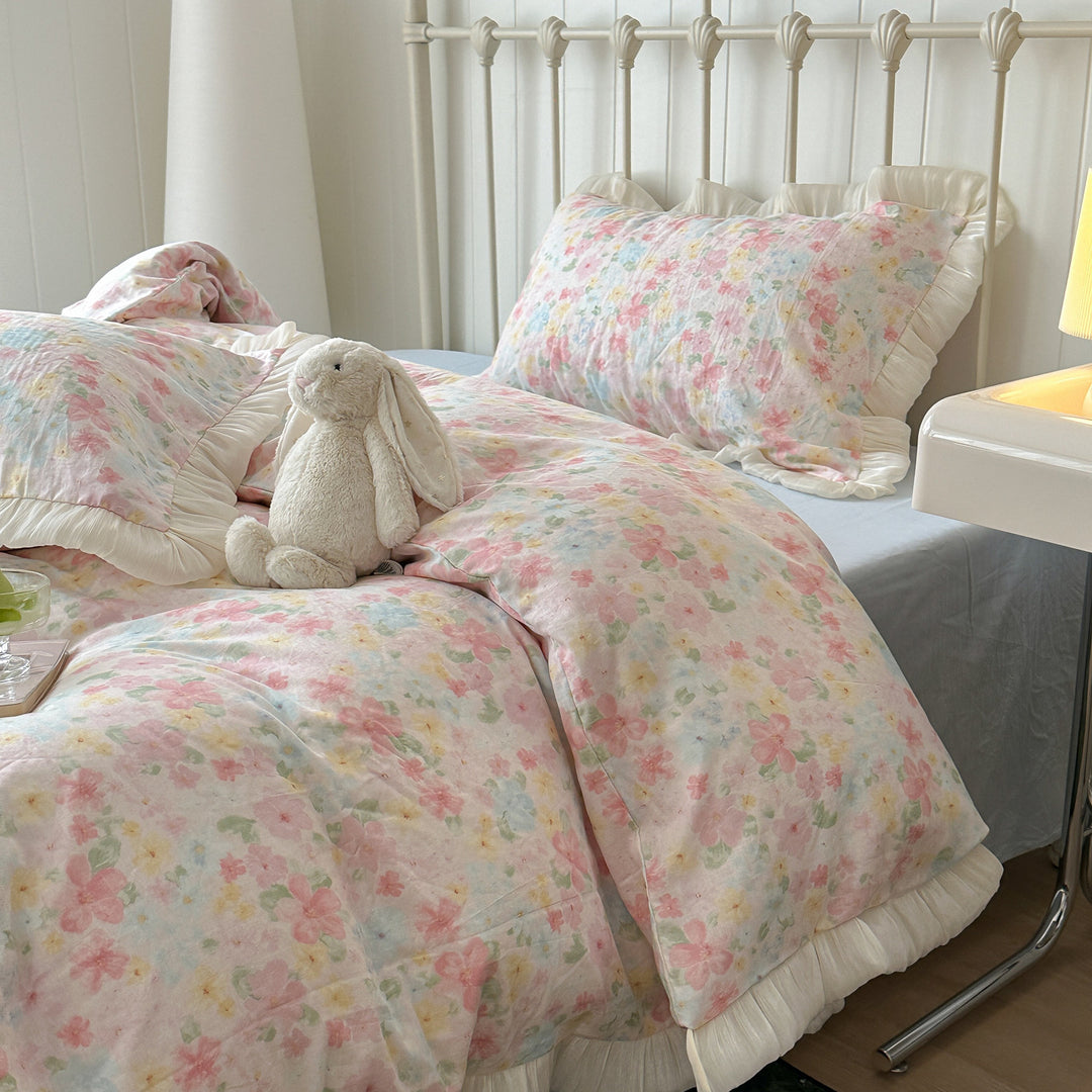 Pastellblumen Rüsch Baumwollsatin Bettbezug und Kissenbezug Set
