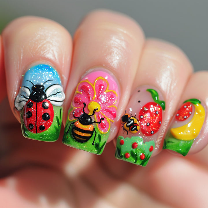 Kunstvolle Nail Art mit Insekten- und Blumenmotiven Karnz