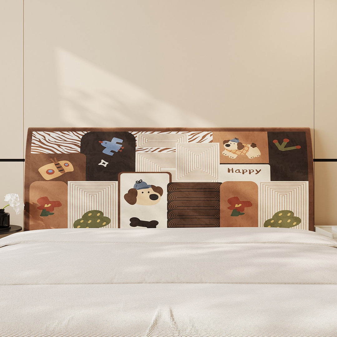 Decorative Headboard Cover Slipcover with Printed Puppy Motif and Polka Dot Microfiber Fabric