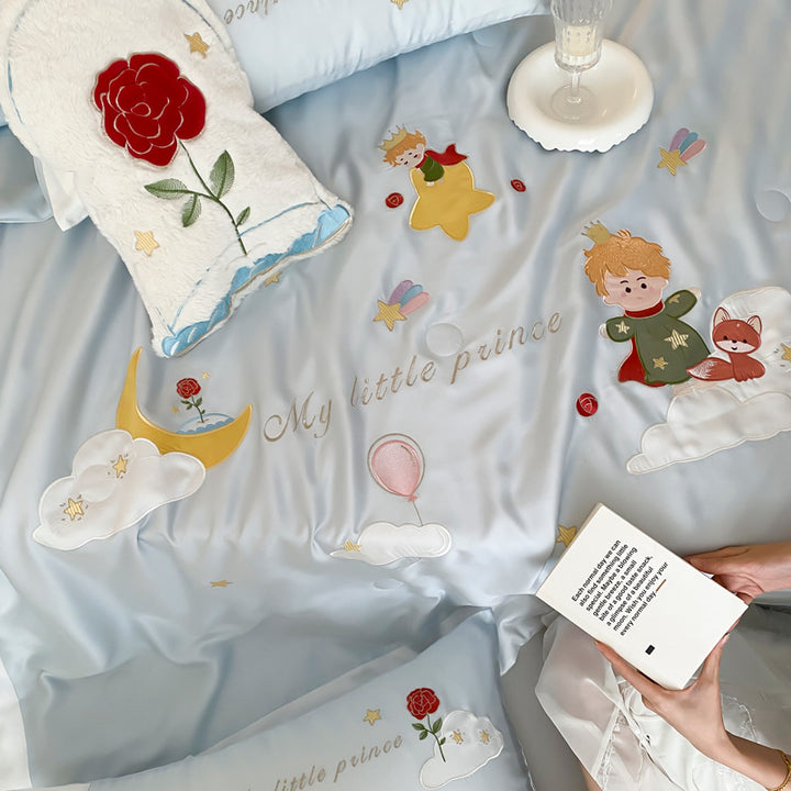 Kinder-Satin-Bettwäschegarnitur mit Prinz- und Mond-Applikationen