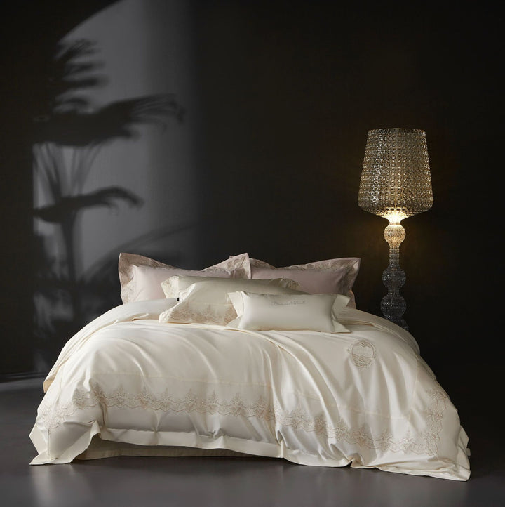 Luxuriöses Satin-Feel Besticktes Spitzenbesatz Bettwäsche Duvet Decken Set