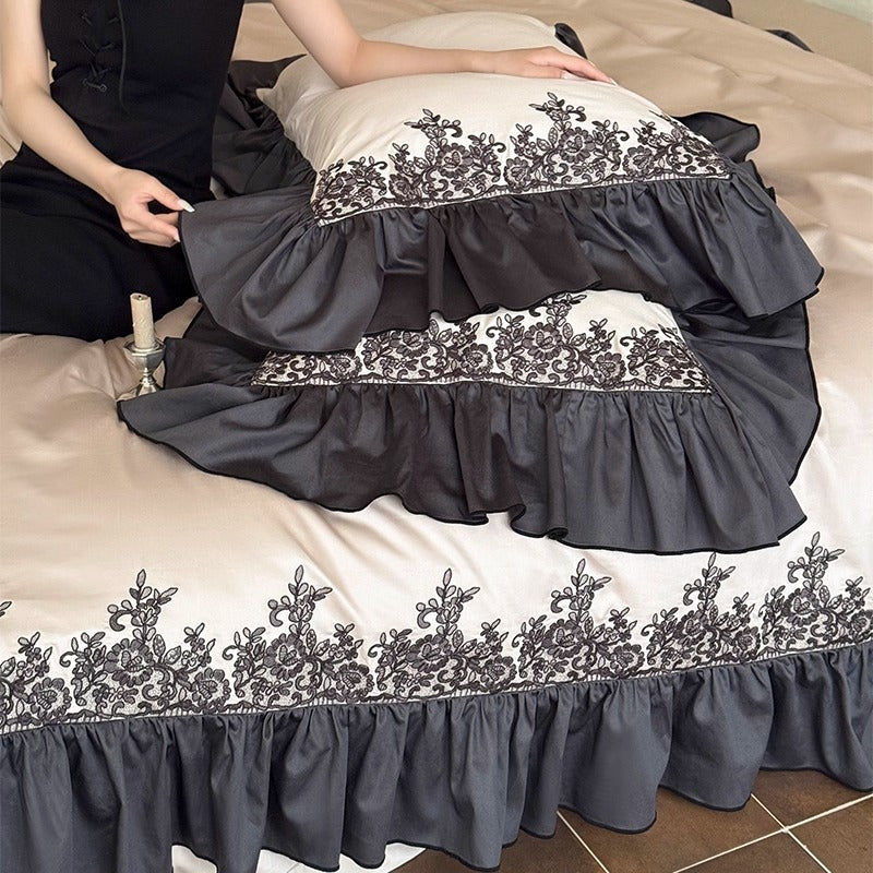 Luxuriöses Rüscheneingesticktes Bettwäsche-Set Bettbezug mit Kissenbezügen