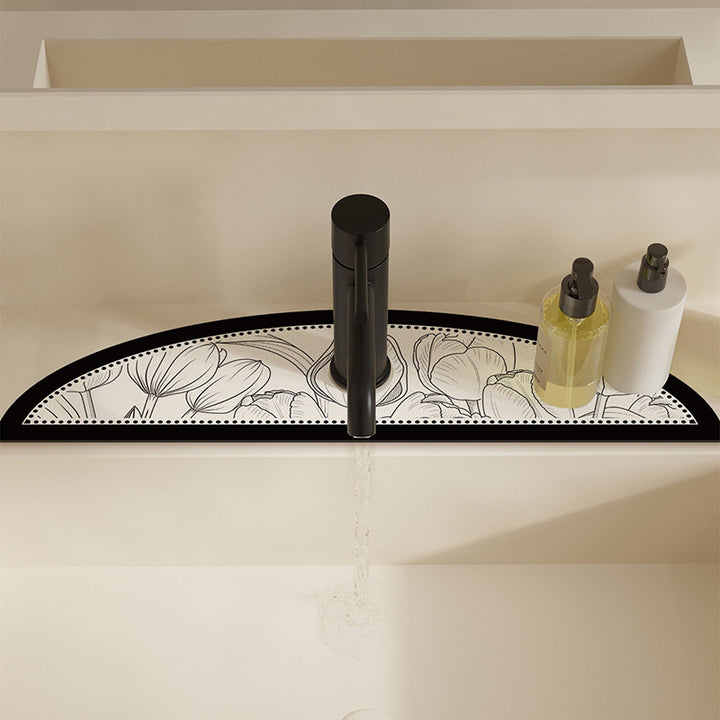 Decorative Semi-Circle Sink Splash Mat with Absorbent Silicone and Floral Sketch Print