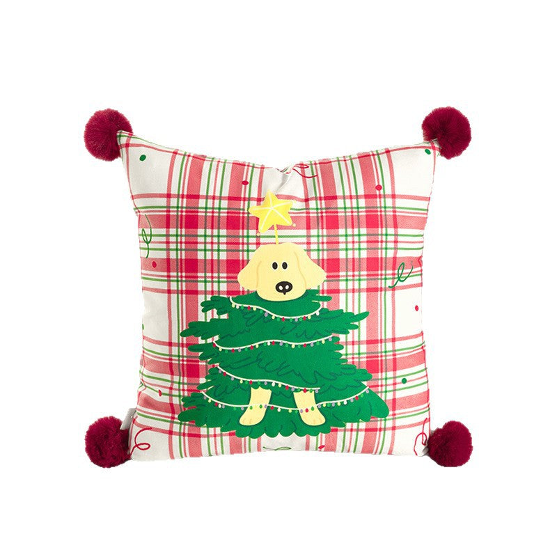 Quadratisches Weihnachts-Dekokissen mit Bommel-Ecken und bedrucktem Hunde-Motiv